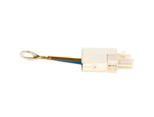 Bosch Produkt mit einem weißen Kunststoffgehäuse, einem Kabel mit brauner und blauer Isolierung sowie einer ringförmigen Anschlussöse.